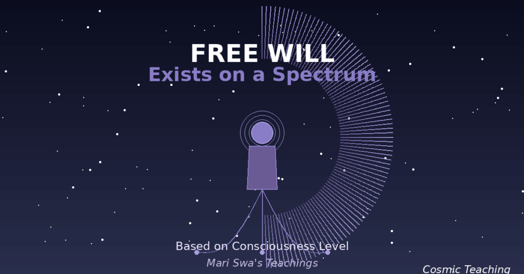 Visual representation of free will spectrum showing consciousness levels, human silhouette with cosmic aura, and diverging timelines according to Mari Swa's teachings