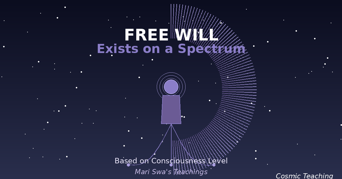 Visual representation of free will spectrum showing consciousness levels, human silhouette with cosmic aura, and diverging timelines according to Mari Swa's teachings