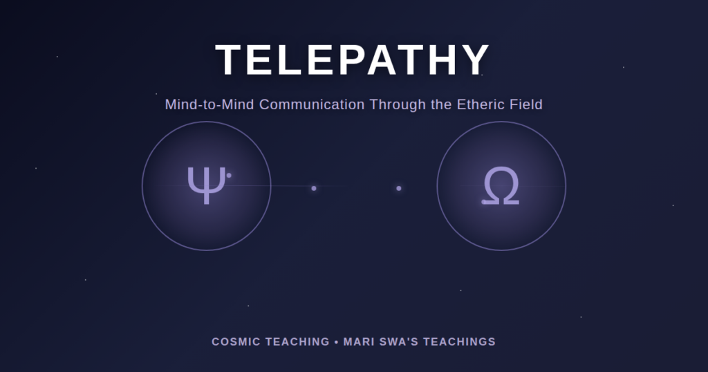 Telepathy visualization showing two mind spheres with Psi and Omega symbols connected by telepathic waves in purple spectrum according to Mari Swa cosmic teachings